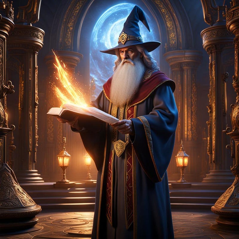Wizard in medieval building, reading large tome. Wizard in medieval building, reading large tome.