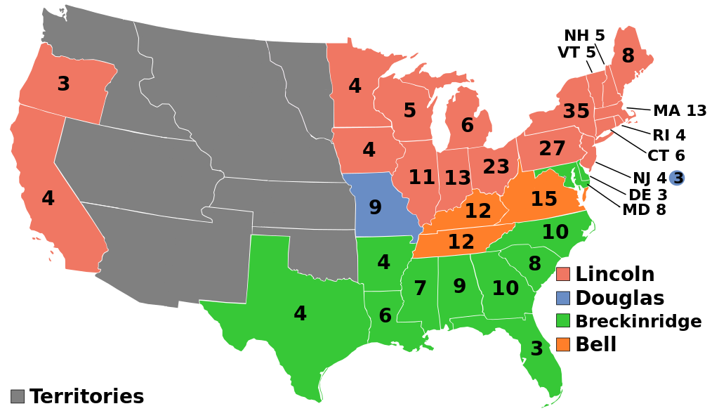 A map of the 1860 Presidential Election between Abraham Lincoln, John C. Breckinridge, John Bell, and Stephen A. Douglas. Lincoln would ultimately win the election without being on the ballot in ten different southern states. | Photo c/o Wikimedia Commons.