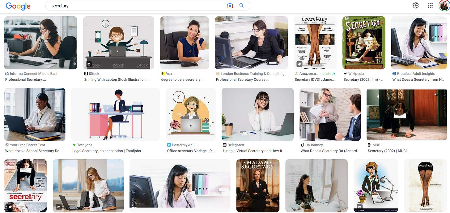 Screenshot of a Google image search for 'secretary', in which 6 of the 20 displayed images are sexually suggestive.