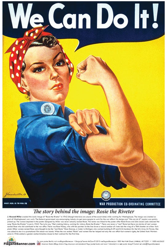 Rosie the Riveter WWII propoganda poster, showing a strong woman with hair tied back in a bandana and blue denim sleeves rolled up to show biceps, a look of fierce determination on her face