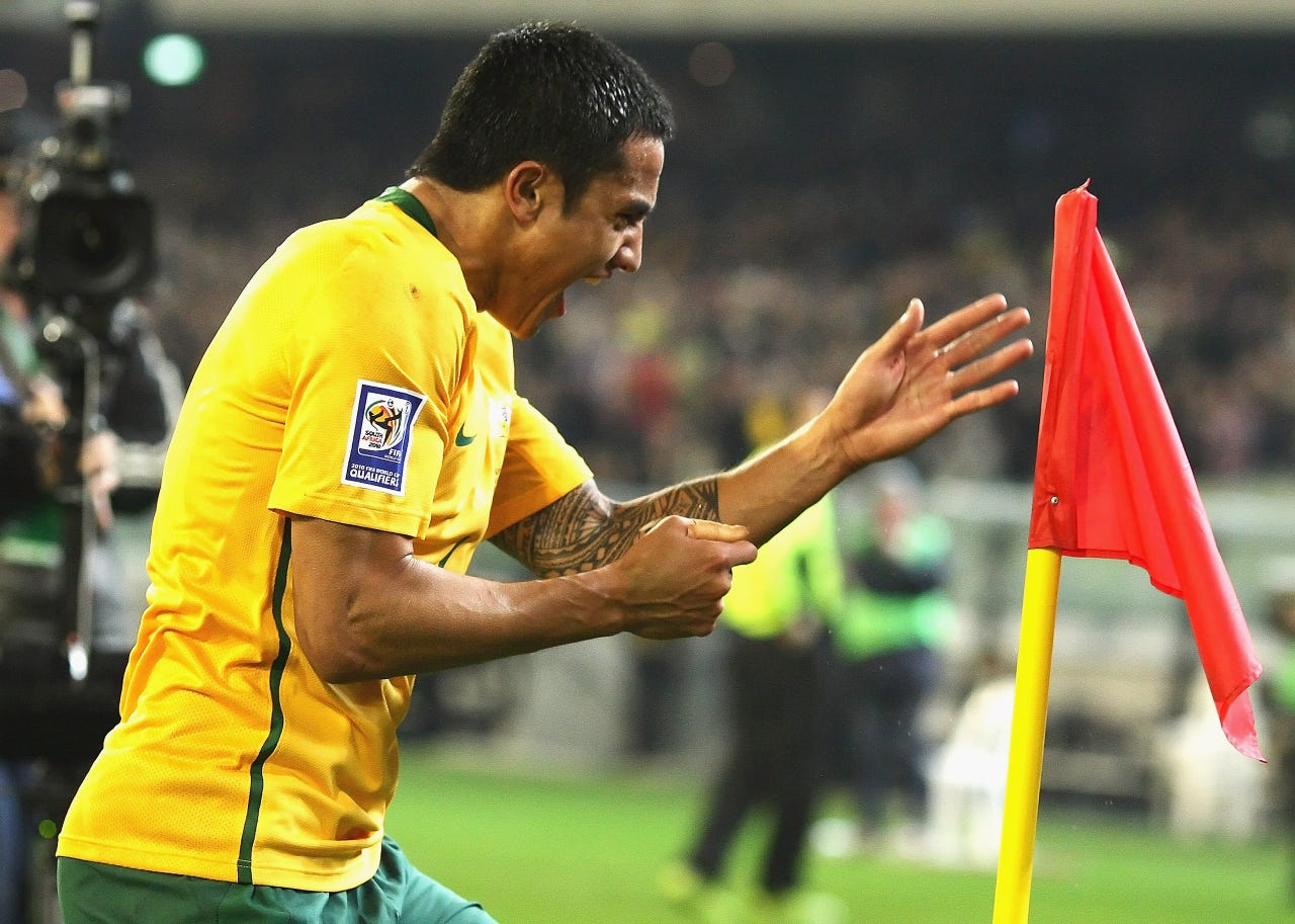 Tim Cahill celebrates one of his two goals against Japan in a 2009 victory Tim Cahill celebrates one of his two goals against Japan in a 2009 victory