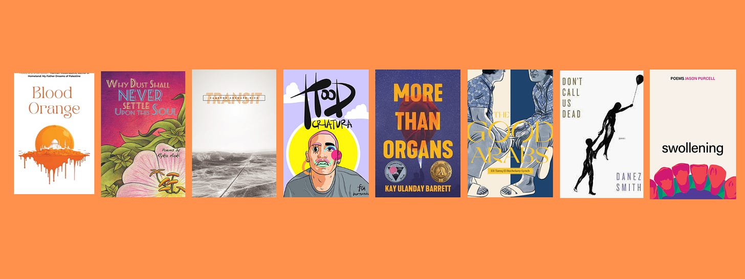 Small cover images of the listed books on an orange background.