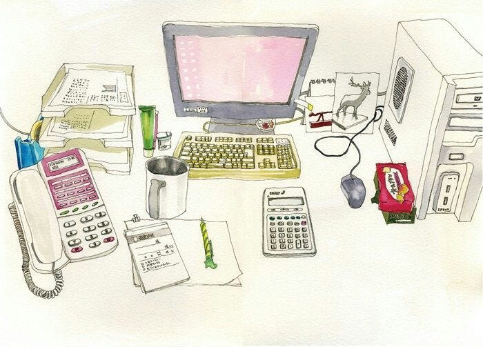 This may contain: a drawing of a desk with a computer, phone and other office supplies on it