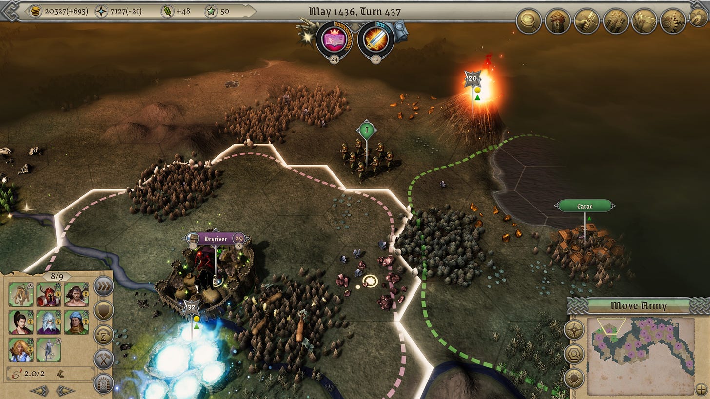 A screenshot of Master of Magic remake showing the map, some cities, units, and its UI details. A volcano node erupts in a fiery glow on the top right.
