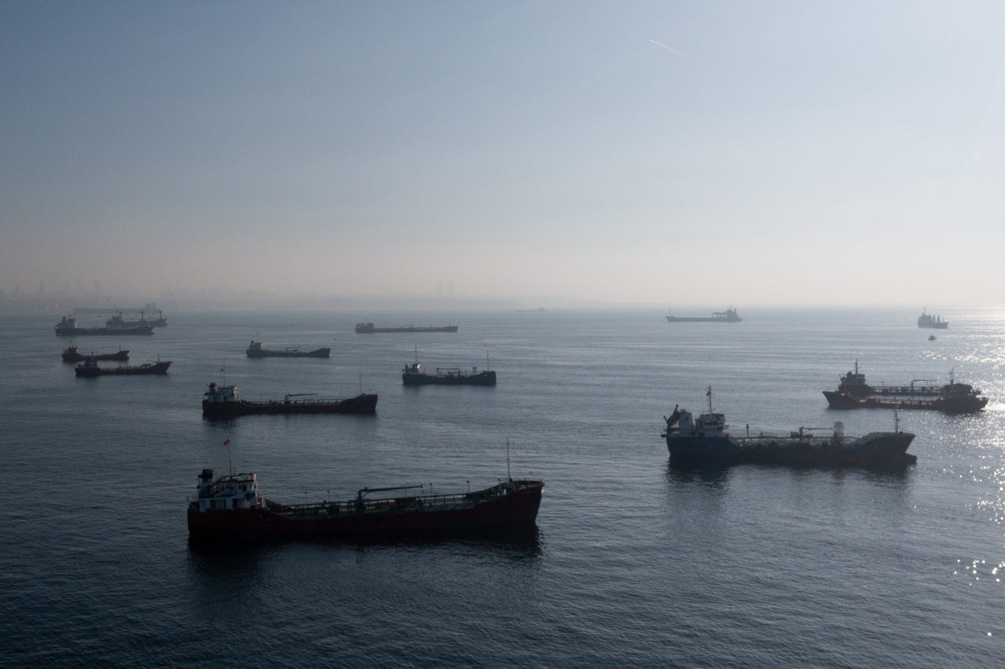 Ships, including those carrying grain from Ukraine, anchored off the Istanbul coastline in Turkey.&nbsp;