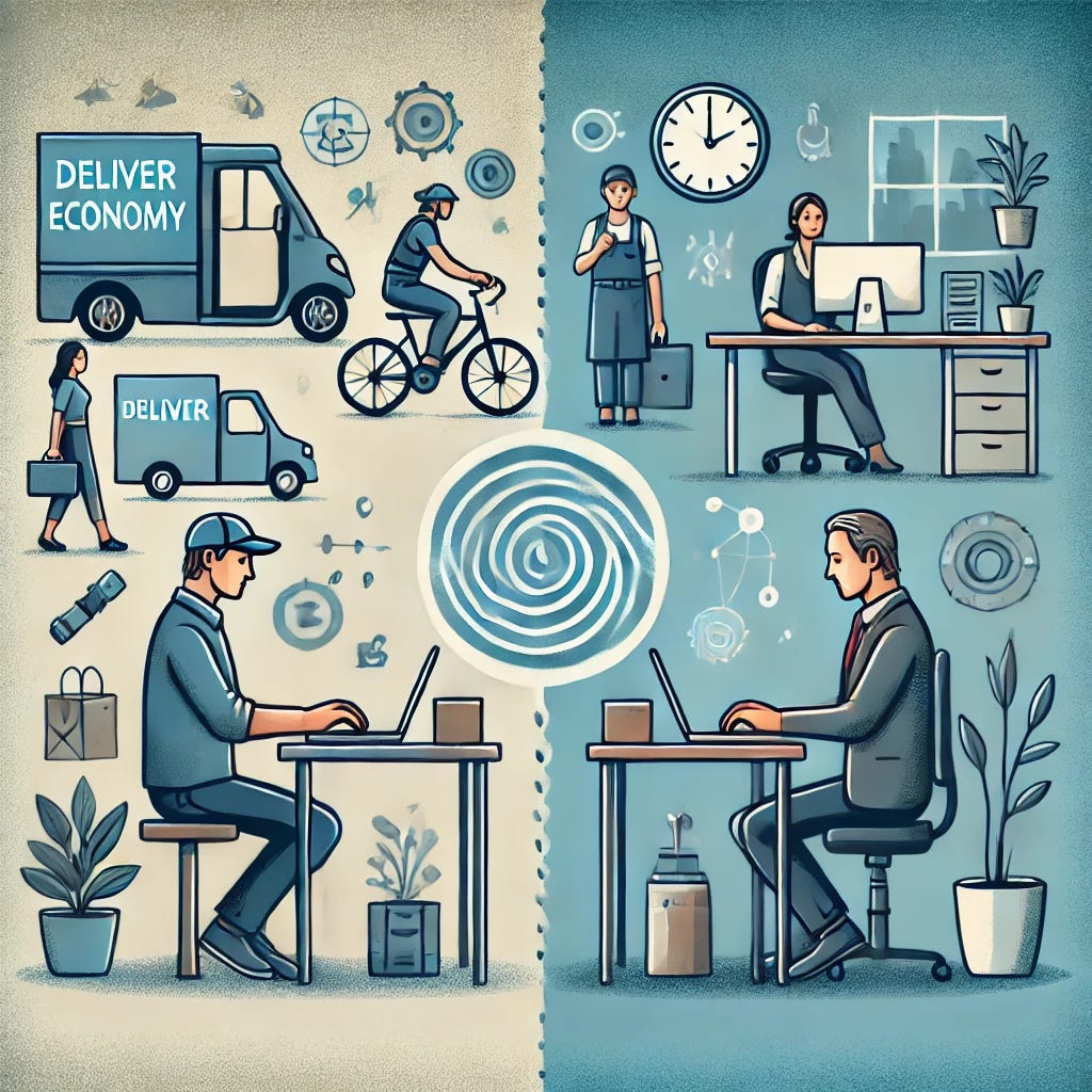 A professional and balanced illustration representing the gig economy and traditional work. The image shows a divided scene: on one side, a freelancer working from a laptop with symbols like a delivery bike and creative tools representing the gig economy. On the other side, a traditional office setting with a worker at a desk, representing conventional employment. A central wave connects both sides, symbolizing the shift and blending of work styles. The color palette is muted with blues, grays, and subtle accents, keeping the tone informative and neutral.