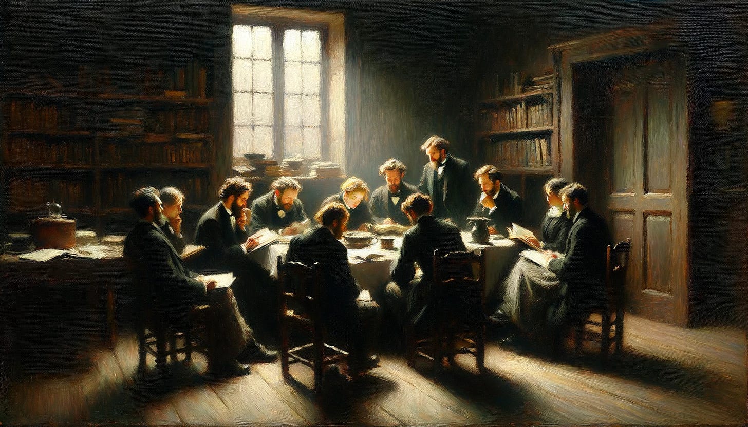 An impressionism-inspired artwork depicting a smaller group of literary scholars, including women, sitting around a smaller table in a dimly lit room, deeply engrossed in an important discussion. The setting is intimate, with books and papers neatly arranged, contributing to the focused atmosphere. Soft light from a nearby window illuminates the scene, casting gentle shadows and creating a serene contrast. The scholars are depicted with loose, expressive brushstrokes, capturing the essence of their intellectual exchange. The overall image has a slightly grainy texture, enhancing the atmospheric quality and softly blurring the lines between light and shade. This horizontal format accentuates the close-knit, inclusive dynamic of the discussion, in true impressionist fashion.