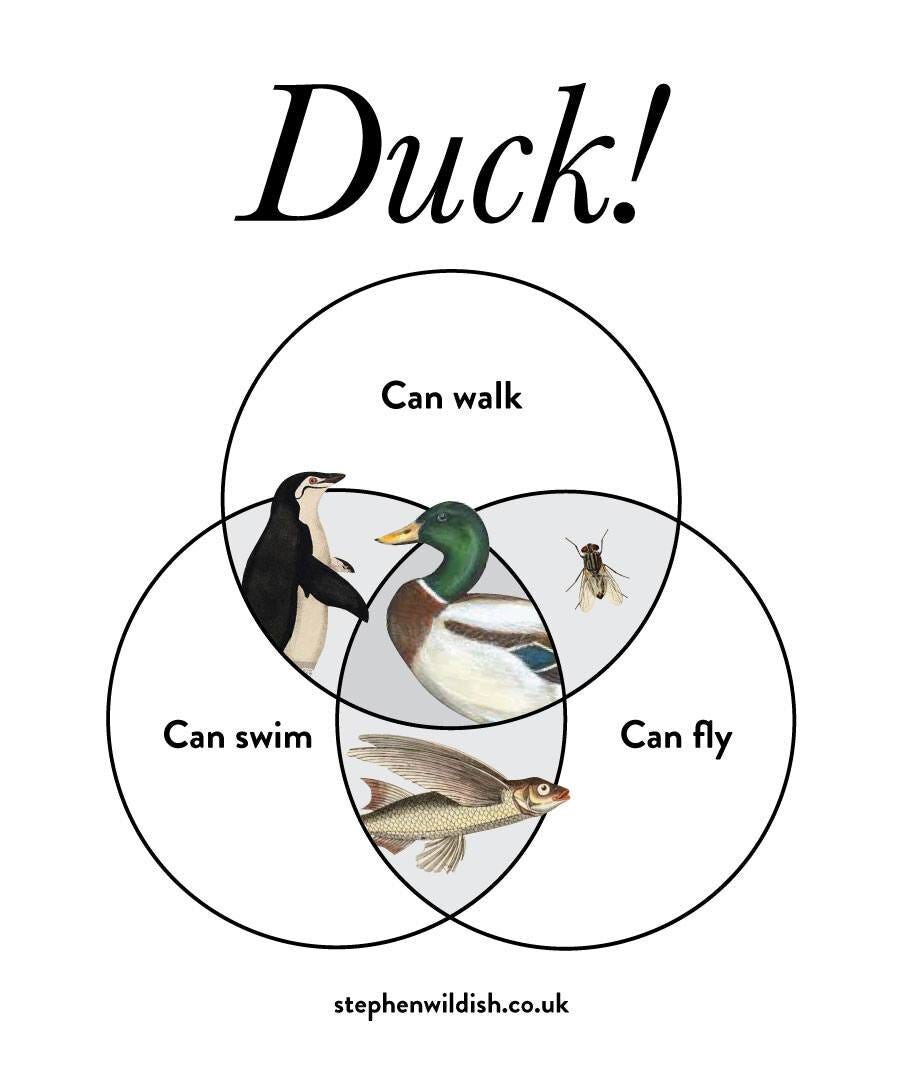 A Venn diagram of animals that can walk, swim, and fly, with a duck at the center as the combination of all three