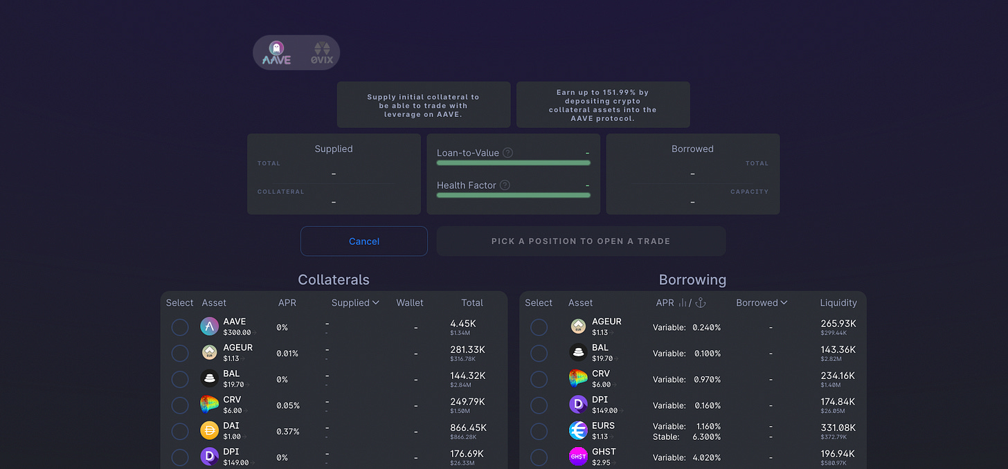 A screen cap from 1delta's margin trading platform - showing off the Aave v3 integration