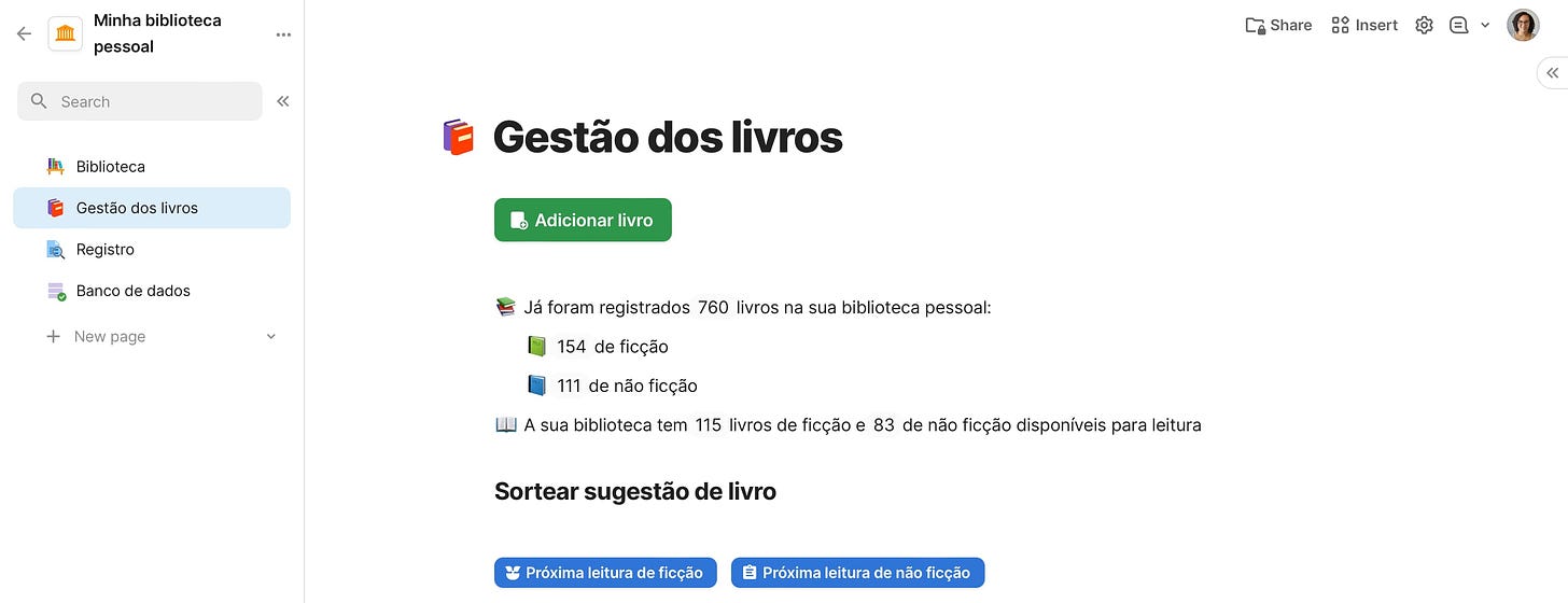 Visão da página "Gestão dos livros" dentro do documento "Minha biblioteca pessoal", que mostra um botão para adicionar livros, informações gerais sobre os livros disponíveis e dois botões para sortear a próxima leitura