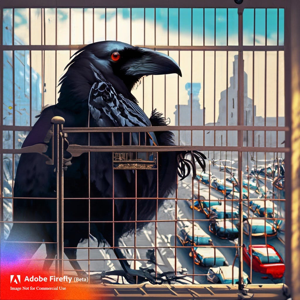 raven in a cage with busy traffic streets