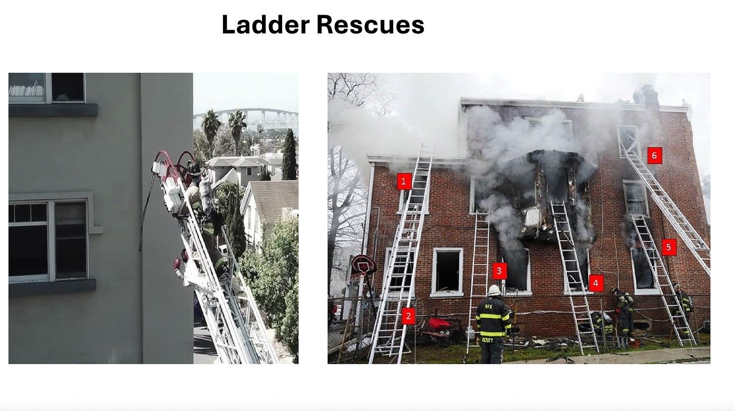 Ladder rescuse. Two photos of ladder rescues. One with a building with 6 ladders leaning up against it going to various windows on different floors. 