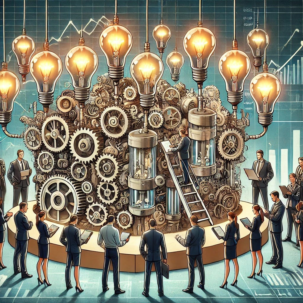 An illustration of 'Professional Stock Idea Generators' depicted as a group of professionals in business attire standing around a large machine that produces light bulbs representing ideas. The machine is complex, with gears and levers, symbolizing the process of generating stock ideas. Some of the professionals are holding clipboards, analyzing the ideas, while others are feeding data into the machine. The setting is a modern office with charts and stock market graphs in the background, emphasizing the financial context.