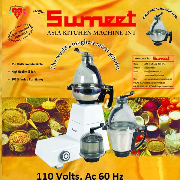 Image of a warranty card for a mixer grinder with pictures of food in the background, and the whole card is coloured a bright golden yellow.