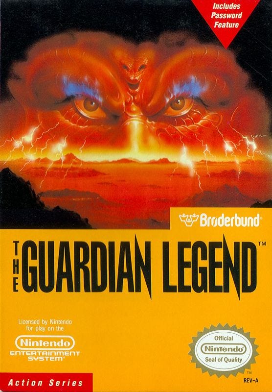 The North American cover art for The Guardian Legend, which is an extremely unsubtle play, ripoff, whatever you want to call it, of the 1985 film, The Creature. Huge eyes loom on the horizon, staring back at the viewer, while lightning fires off above a rocky, red landscape.