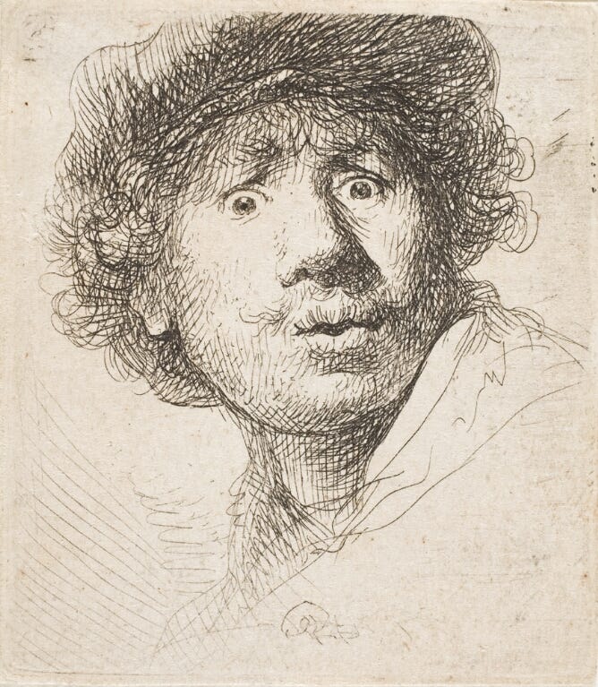 A Rembrandt drawing of himself looking astonished