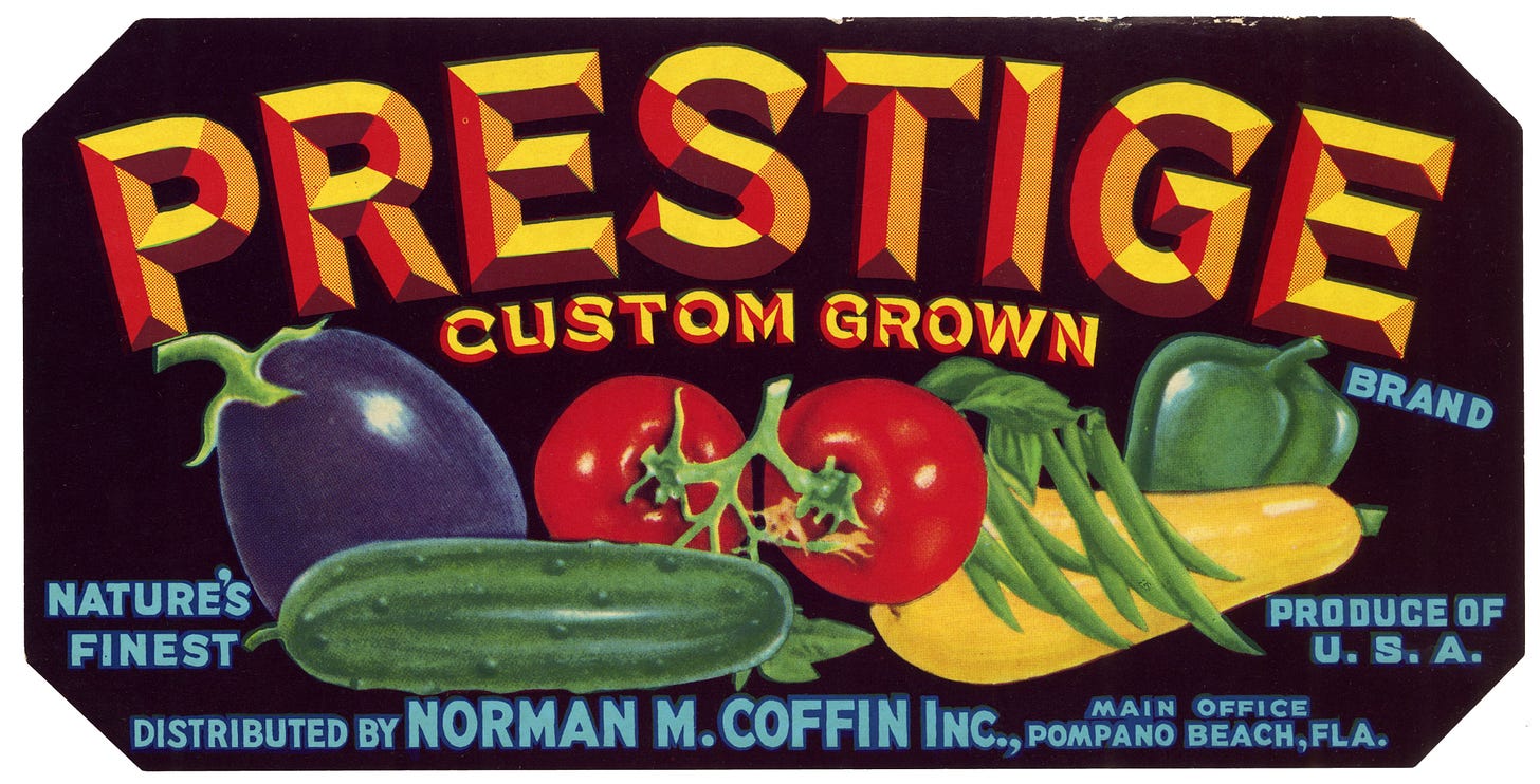 Citrus label with images of eggplant, tomatoes and squash.