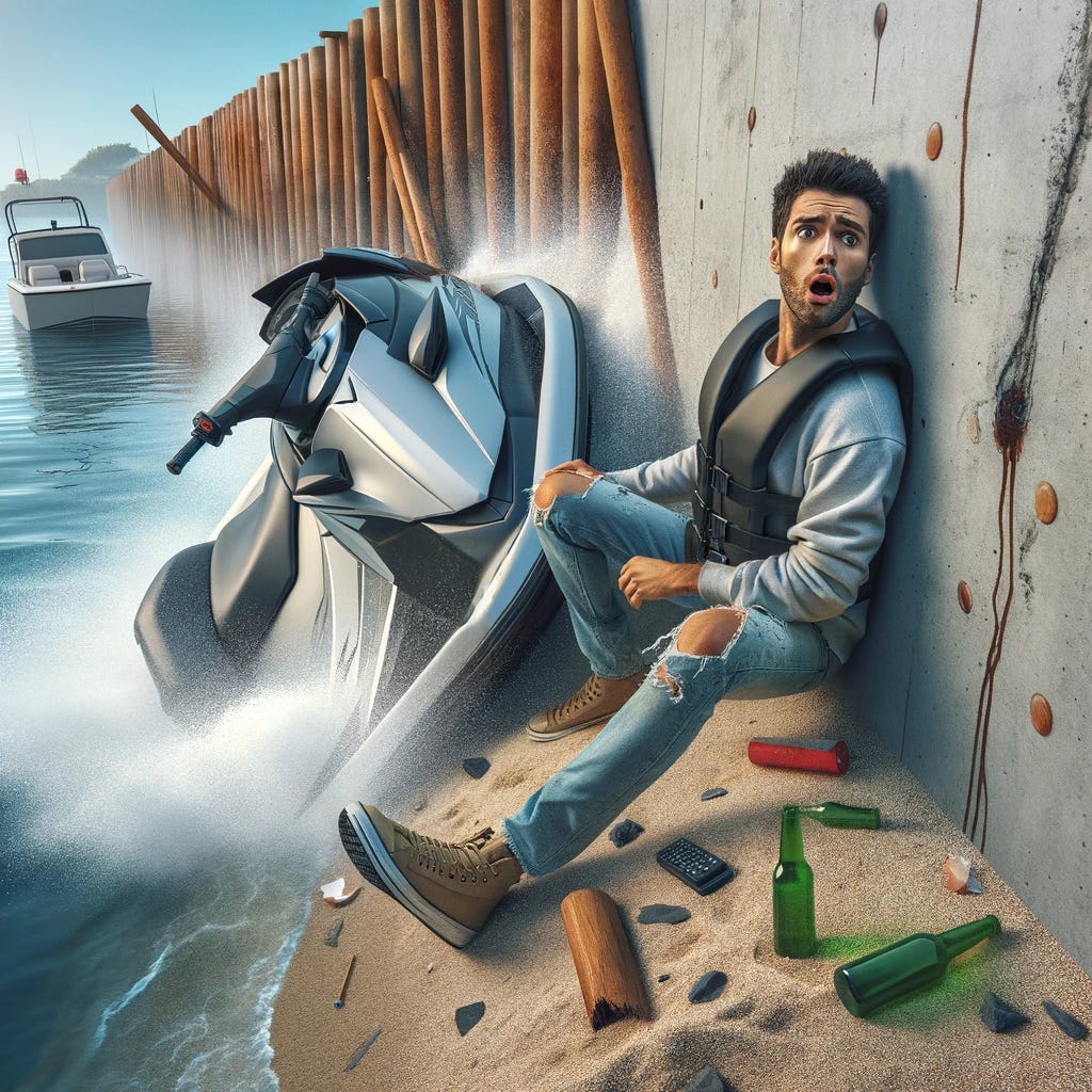 Create an image showing a person who has just ridden their jetski into a wall. The scene should depict the aftermath of the incident, with the jetski partially crashed against a wall. The rider should be visible, looking surprised or dazed, possibly sitting or standing near the jetski. The setting can be near a body of water, with the wall being part of a dock or sea wall. Debris or minor damage to the jetski and wall can be included to emphasize the impact. The overall scene should convey a sense of an unexpected accident involving a jetski.