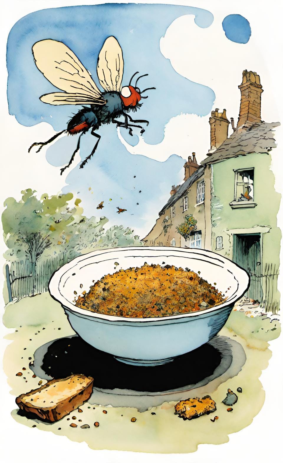 caricatura de mosca sobrevoando um prato com migalhas de pão caricatura de mosca sobrevoando um prato com migalhas de pão