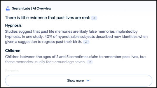 Image of a Google snippet that answers the question "are past lives real?" 