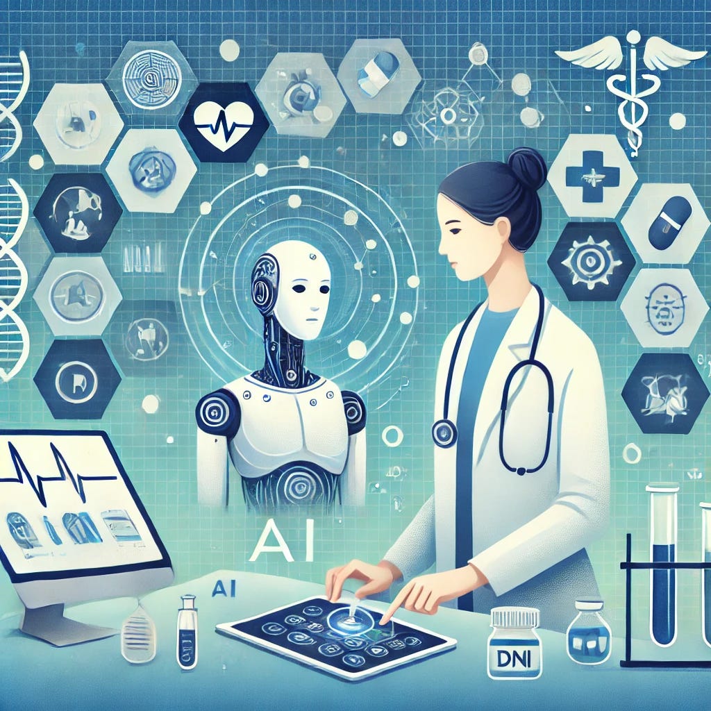 A balanced and professional illustration representing the impact of AI in healthcare. The image features a human doctor and a robotic AI assistant working together, analyzing a digital screen with medical images and data. Surrounding them are symbols of AI's benefits, such as a stethoscope for personalized medicine, a DNA strand for genetic analysis, and a pill for drug discovery. In the background, subtle icons representing data security and ethical considerations are visible. The design uses a color palette of calming blues, greens, and white to convey a sense of hope and innovation in healthcare.