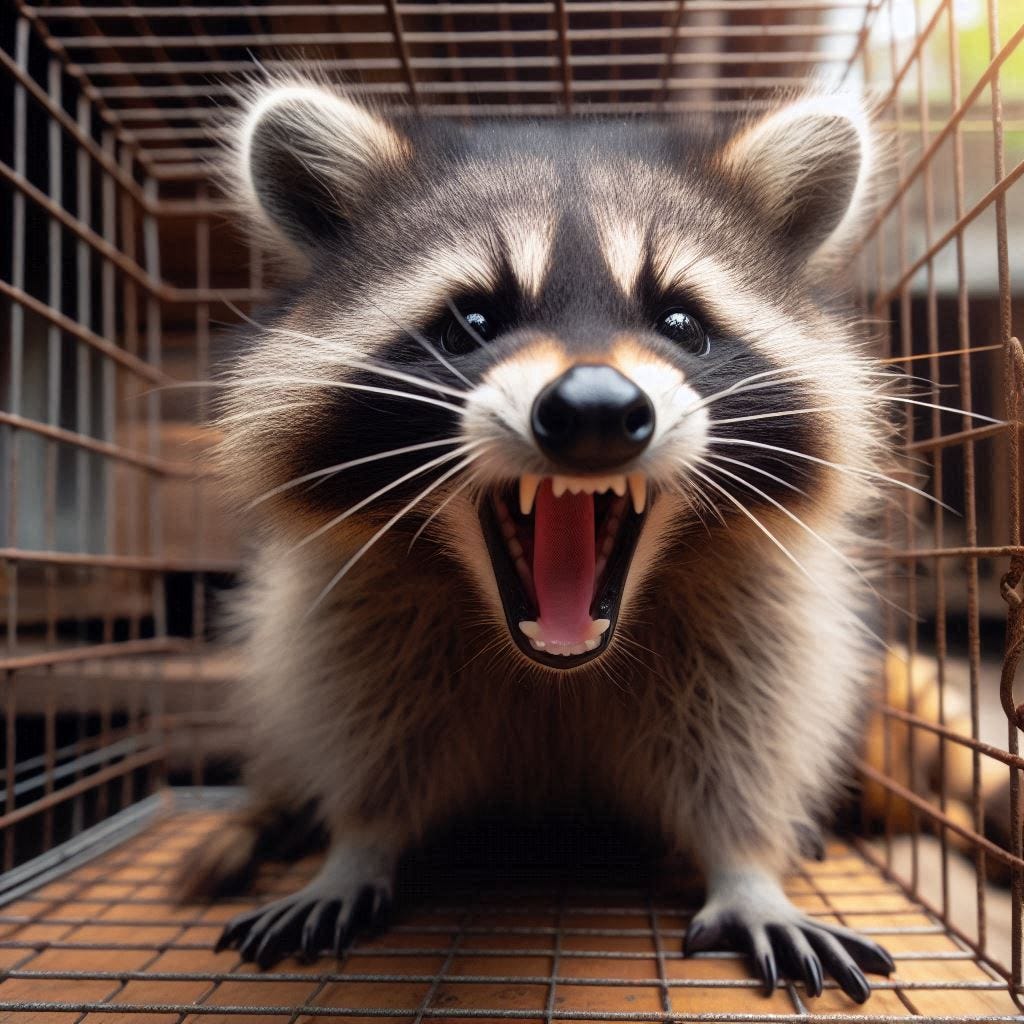 a raccoon hissing and spitting because it is angry and in a cage