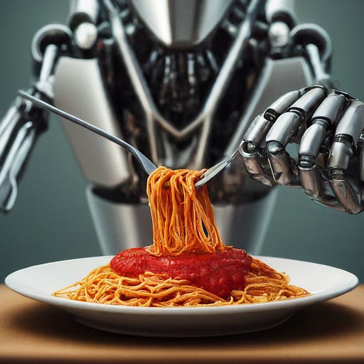 Robot eating spaghetti.