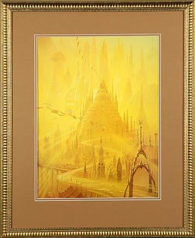 Print of CITY OF GOLDEN SHADOWS framed with golden moulding and rust colored mat.