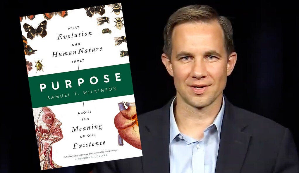 Sam Wilkinson with the cover of his book, “Purpose: What Evolution and Human Nature Imply About the Meaning of Our Existence?”
