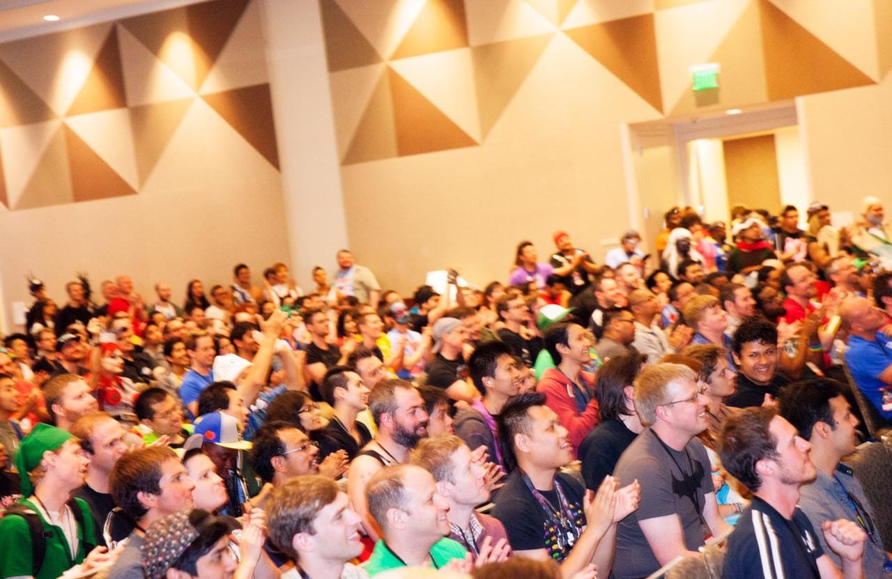 Attendees of Gaymer X2 at the main hall during the closing ceremony.