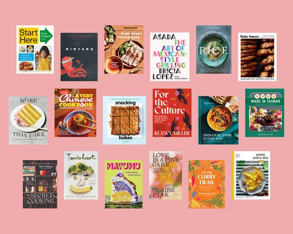 An image with a pink background shows 18 cookbook covers.