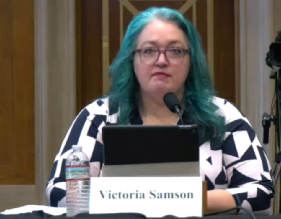 Victoria Samson delivering her testimony to the commission.