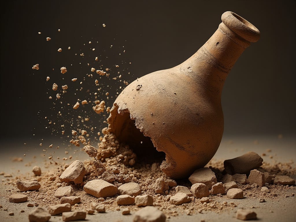 A shattered earthen bottle, with its broken pieces and dust scattering in midair, symbolizes the fulfillment of the prophetic command to break the bottle in front of witnesses. The broken vessel, lying in fragments on the ground, represents the irreversible nature of divine judgment. The scattered debris underscores the finality of God's warning, signifying the destruction and brokenness that will befall the people as foretold in the scripture. The visual echoes the solemn act of breaking the bottle as a sign to those accompanying the prophet.