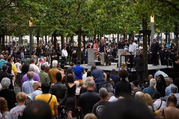 A crowd of people during a ceremony commemorating the Sept. 11 terrorist attack in Lower Manhattan.