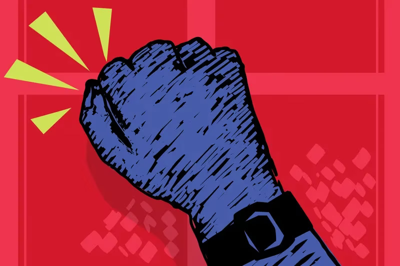 A bold, cartoonish illustration of a fist knocking on a door, in red, yellow, blue, and black.