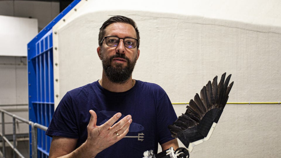 Christoffer Johansson holding the robotic, feathered wing