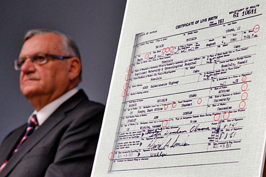 Why Sheriff Joe Arpaio insists Obama birth certificate a fake -  CSMonitor.com