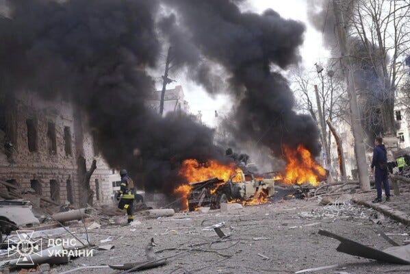 In this photo provided by the Ukrainian Emergency Service, firefighters put out the fire following Russia's missile attack that killed at least 20 civilians in Sumy, Ukraine, Sunday, April 13, 2025. (Ukrainian Emergency Service via AP) In this photo provided by the Ukrainian Emergency Service, firefighters put out the fire following Russia's missile attack that killed at least 20 civilians in Sumy, Ukraine, Sunday, April 13, 2025. (Ukrainian Emergency Service via AP)