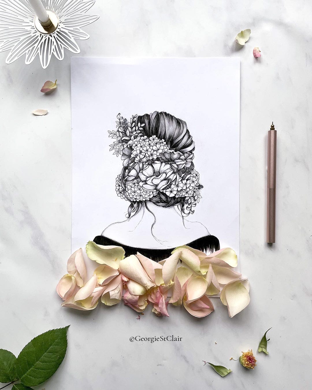 Floral hair botanical inspired drawing illustration by Georgie St Clair