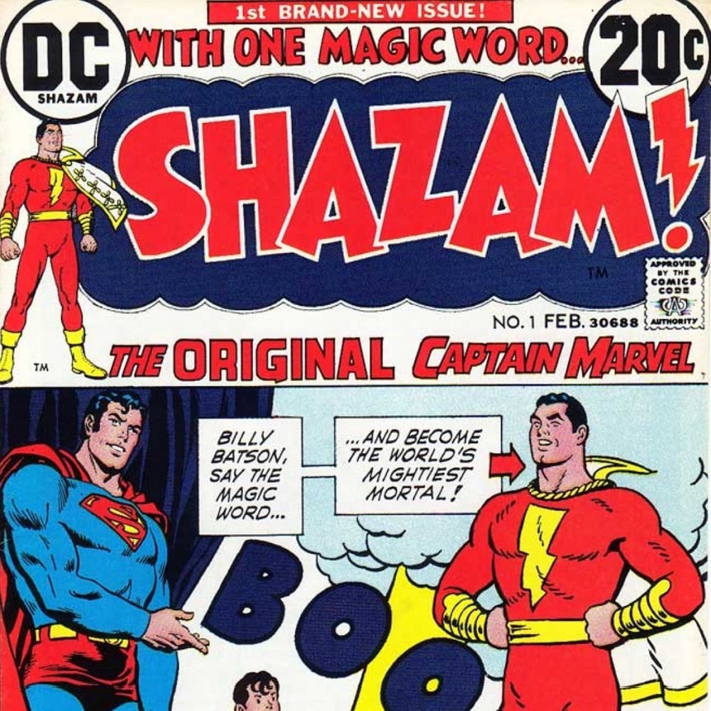 Cover of Captain Marvel comic, titled '(With One Magic Word) Shazam!'