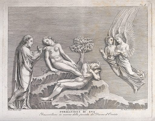 God lifts Eve from sleeping Adam's side. Etching by GB Leonetti after C Cencioni after Nicola Pisano. God. Creation – Biblical teaching. Hand – Religious aspects. Trees. Angels. Ribs. Women in Christianity. Sleep. Childbirth – Religious aspects. Adam (Biblical figure). Eve (Biblical figure). Contributors: Nicola Pisano (1220?-1287?); Carlo. Cencioni; Giovanni Battista Leonetti (-1830?). Work ID: gfj3pbrt.