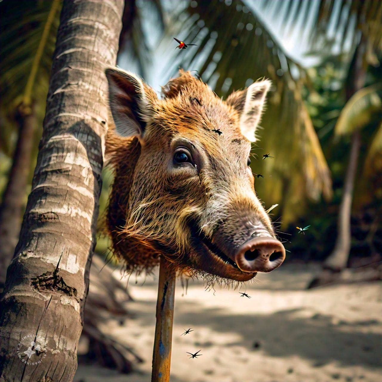 A boar's head, surrounded by flies, affixed on a stick at the edge of a jungle