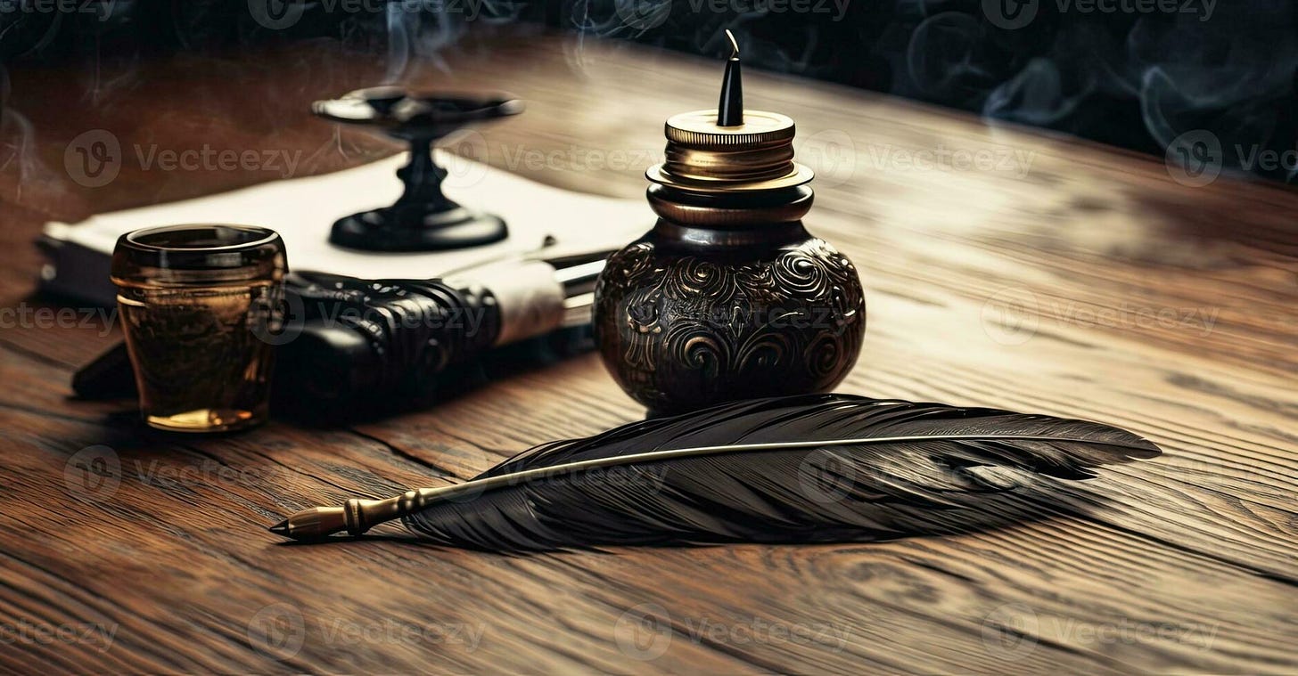 Old quill pen with inkwell and papers on wooden desk against vintage  bookcase. retro style. banner copy space. Created with Generative AI  technology. 26953100 Stock Photo at Vecteezy