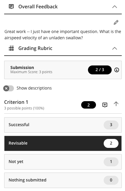 An example of a grading panel from an assignment. There's space for "Overall Feedback" and a "Grading Rubric" with four entries. "Revisable" is chosen.