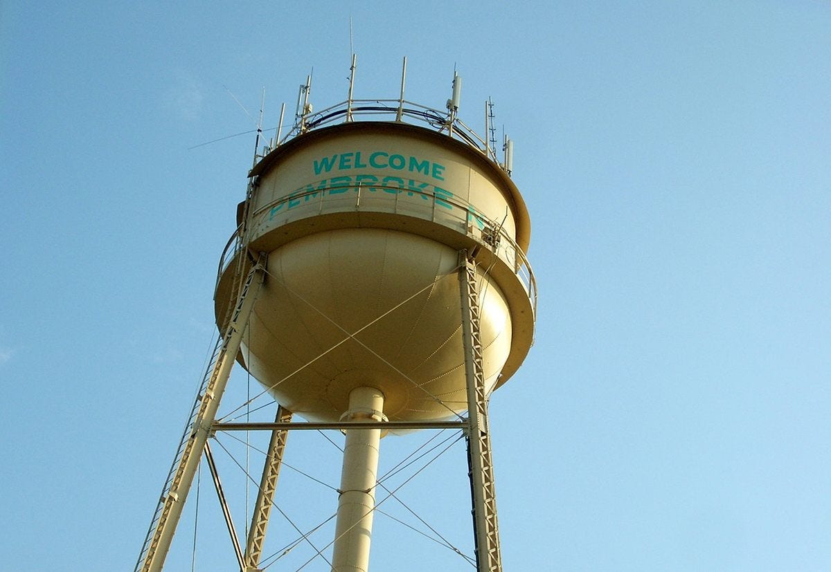 The water tower of Pembroke, a city that is mostly Lumbee Indian. 