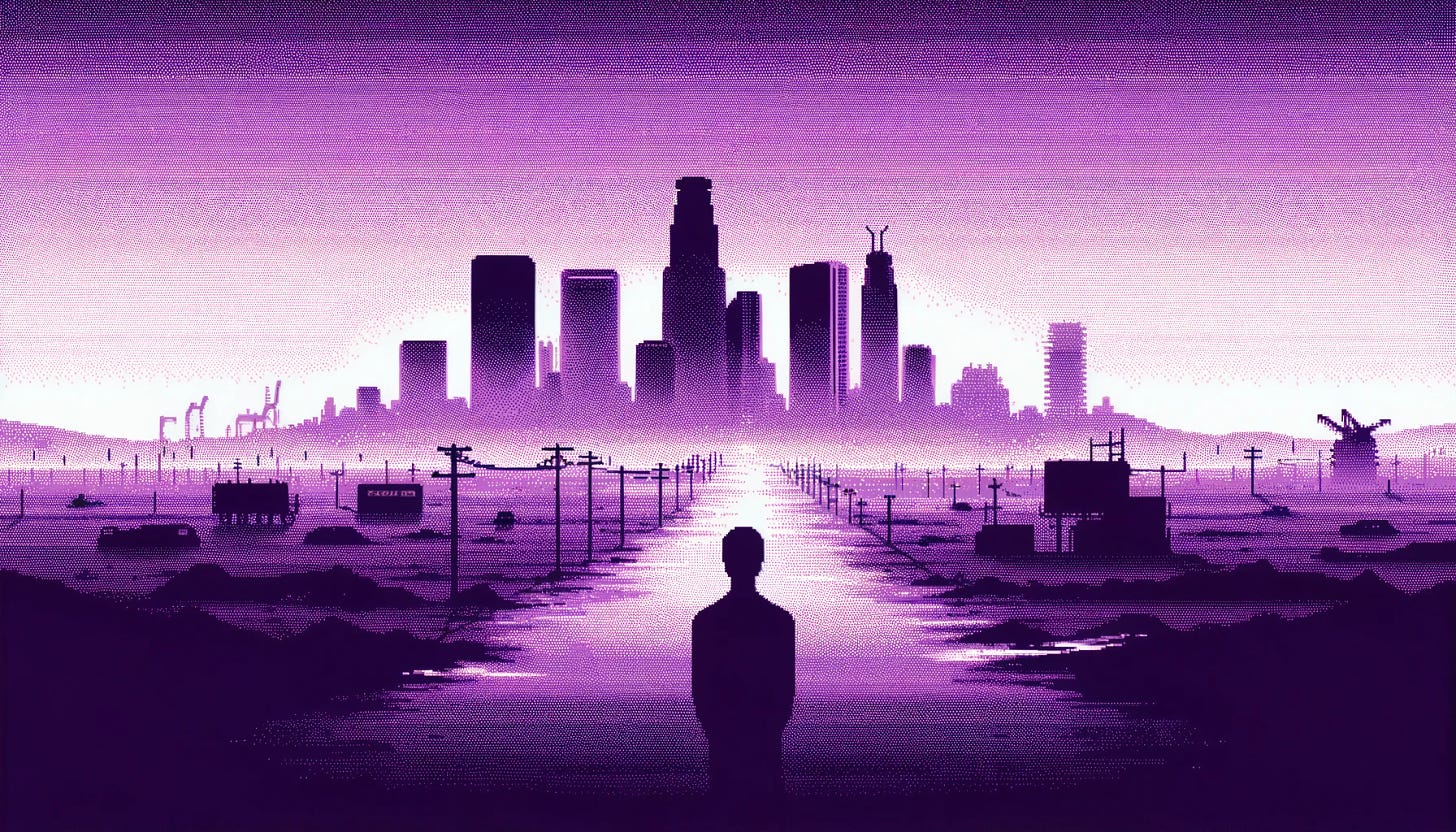 A 16-bit graphic of a minimalist and stark apocalyptic Los Angeles scene, infused with a haunting purple hue. The setting is sparse, with a focus on the silhouette of the acephalic non-entity against a desolate cityscape. The skyline is simplified, with just a few outlines of buildings, and the streets are nearly empty, save for a few scattered remnants of civilization. The purple color adds a surreal and ghostly quality to the scene, highlighting the eerie stillness of the apocalyptic environment. The overall atmosphere is one of desolation and eerie beauty, with the non-entity casting a solitary shadow on the barren landscape.