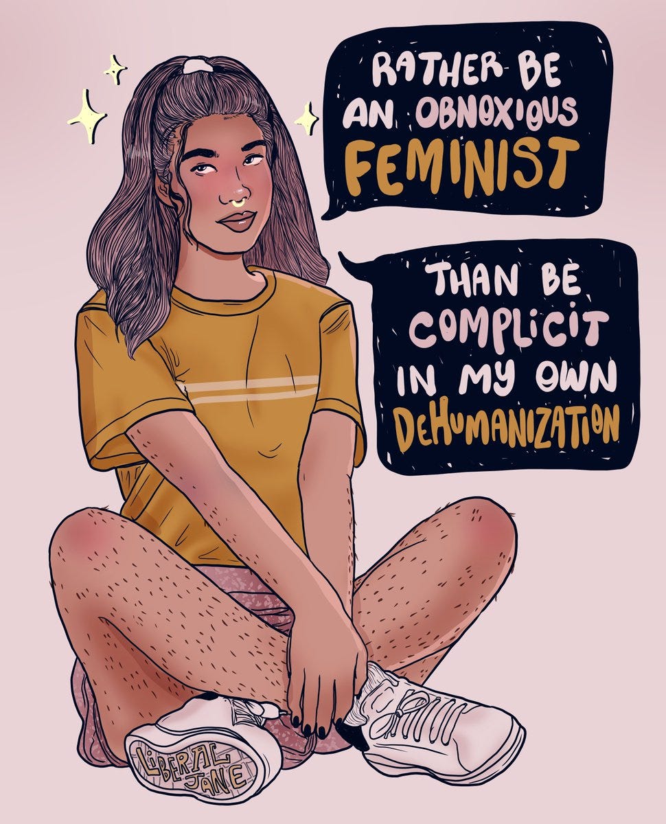 Illustration of a young person sitting crisscross applesauce. They have long flowing hair that is half up in a ponytail and a nose ring. The person is rolling their eyes and is wearing a mustard t-shirt, pink shorts and chunky white sneakers. There are two speech bubbles that read, 'rather be an obnoxious feminist than be complicit in my own dehumanization.' The background is light pink with yellow sparkles