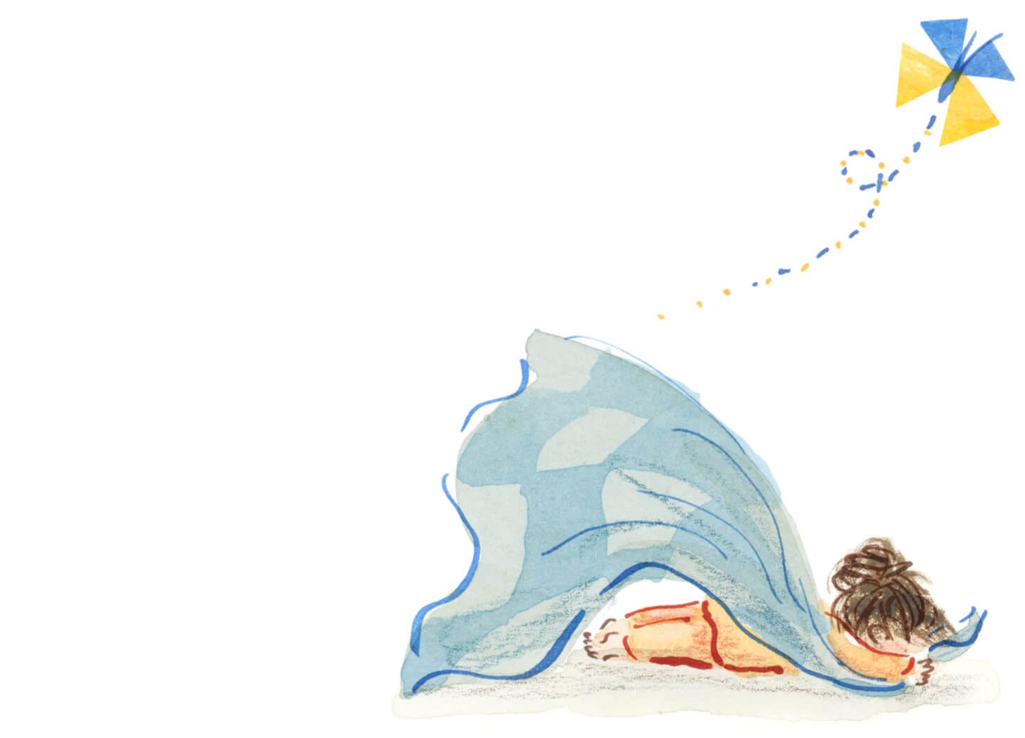 young caucasian girl lying face down as blue blanket she is holding slowly drifts down around her. Above her a butterfly is leaving the image at the top right. Illustration by Nanette Regan.