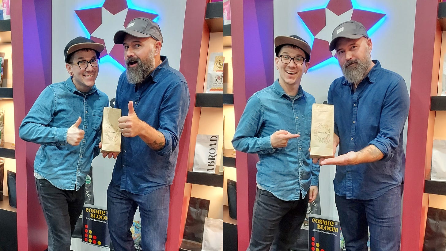 Two side by side images of two guys in blue button downs and ball caps smiling at the camera and pointing a bag of coffee and/or giving a thumbs up toward the camera while standing in front of a convention booth wall covered in coffee packaging and the logo for Roastar.