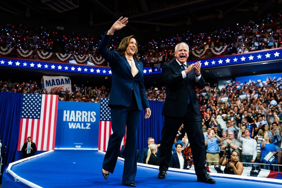 Vice President Harris and Democratic vice presidential nominee Minnesota Gov. Tim Walz appear at a campaign event in Philadelphia on Tuesday.